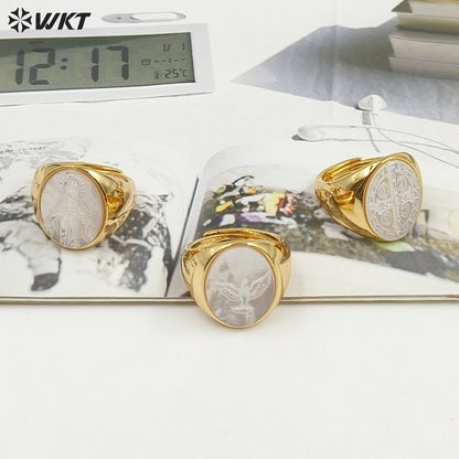 WT-MPR157 Good Quality Vintage Style 18K Gold Plated Cross And Eagle Pattern Adjustable Shell Rings For Party Wearing Jewelry