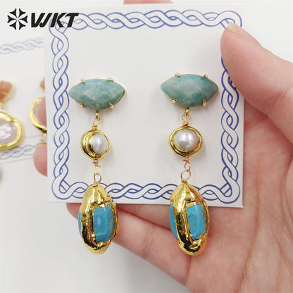 WT-E710 Wholesale Newest Fashion Gold Triple Stone Combined Earrings Women Wire Wrapped Handmade Gemstone Quartz Earrings