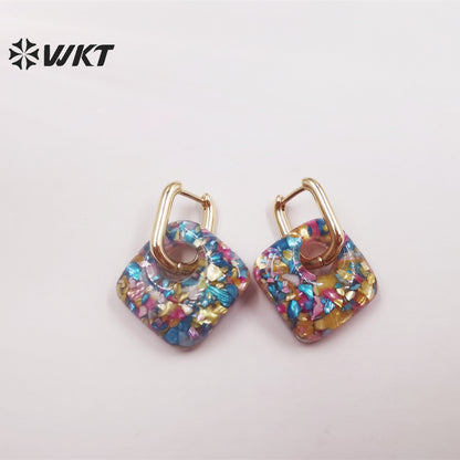 WT-MPE073 European and American Earrings Cute Small Shell Enamel Earrings Colorful square Pendant 18k Gold-plated Earrings