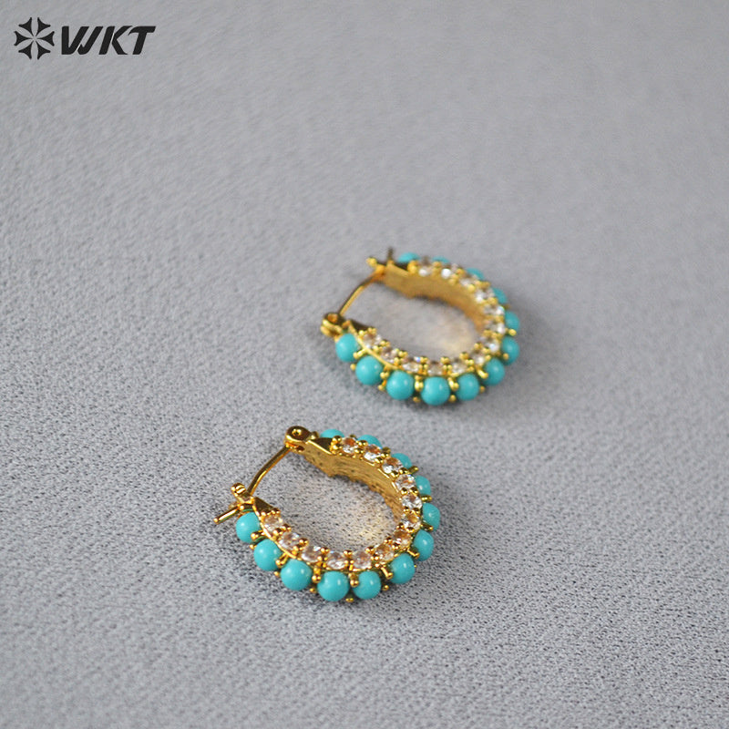 WT-E822 Exquisite Trendy Natural Turquoise And Cubic Zircon Gold Plated Round Earrings For Lady Party Decorative Jewelry