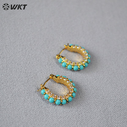 WT-E822 Exquisite Trendy Natural Turquoise And Cubic Zircon Gold Plated Round Earrings For Lady Party Decorative Jewelry