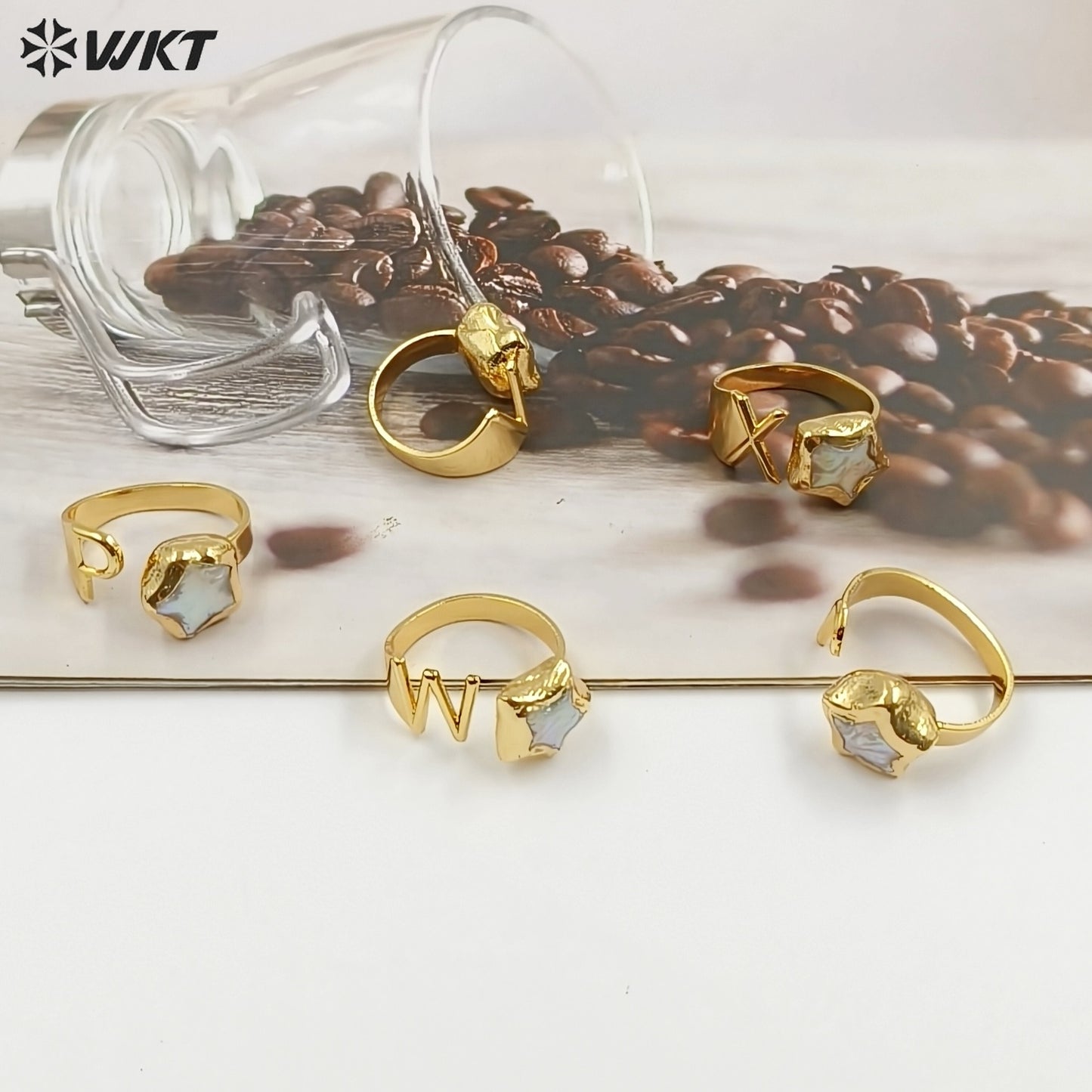 WT-MPR158 Newest Unique Design Gold Electroplated Natural Freshwater Pearl Letter And Star Shape Rings For Women Daily Matching