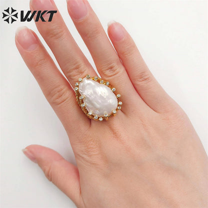 WT-MPR048 Newest Europe Hot Style Gorgeous Freshwater Pearl Ring Irregular White Pearl Women Ring for Wedding Anneversary Ring
