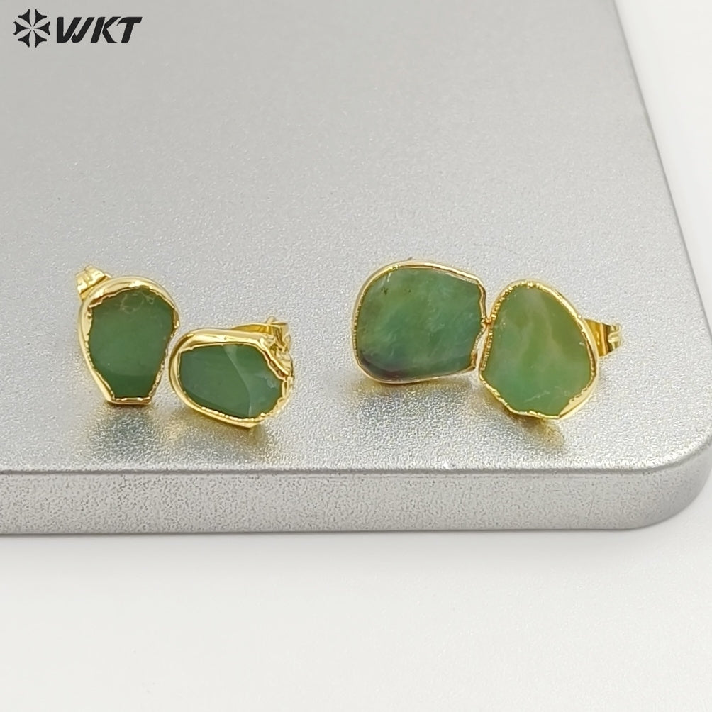 WT-E263 Wholesale Natural Precious Chrysoprase Jade Studs Earrings, 24K Gold Plated Australia Chrysoprase Studs Earrings