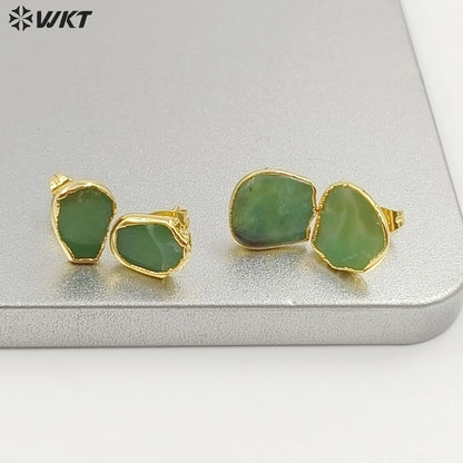 WT-E263 Wholesale Natural Precious Chrysoprase Jade Studs Earrings, 24K Gold Plated Australia Chrysoprase Studs Earrings