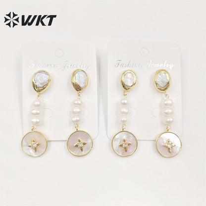 WT-MPE080 Women Gorgeous Gold Plated Natural Freshwater Pearl Earrings Delicate Long Charming Real Pearl Lady Studs