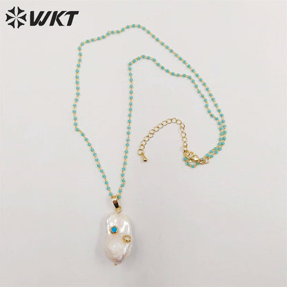 WT-JN091 White Baroque Pearl Necklace Pearl With CZ&Gemstones Beads Charm Women Fashion Necklace Jewelry Colorful Necklace
