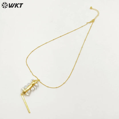 WT-N1124 Wholesale Freshwater Pearl Connector Necklace, 18K Real Gold Plated Stick Shape Freshwater Pearl Necklace