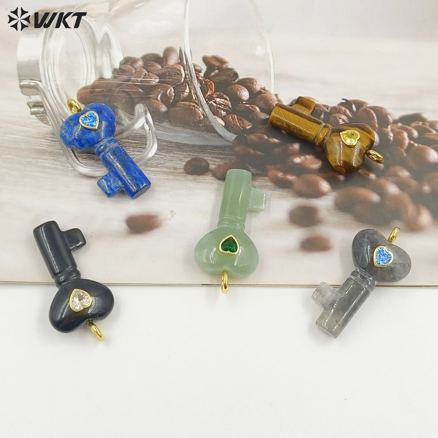 WT-P2057 New Fashion Heart Shape Colorful Zircon And Natural Gemstones Carved Key Pendants For Friend Lovely Gift Making
