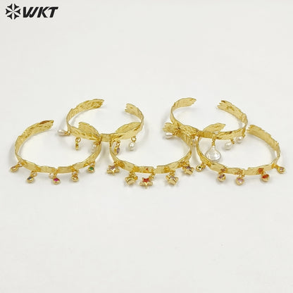 MPB134 Luxury Elegant 18K Gold Plated Natural Pearl And Colorful Zircon Fringed Adjustable Bangles For Lady Fashion Matching
