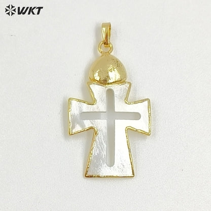 WT-JP422 Wholesale Vintage Style Natural Shell Gold Plated Cross Shape Middle Hollow Pendant For Unique Necklace Handmade