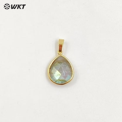 WT-P799 Faceted Teardrop Labradorite Pendant with Gold Electroplated Natual Colors Gold Pendant for Necklace Handmade Stone