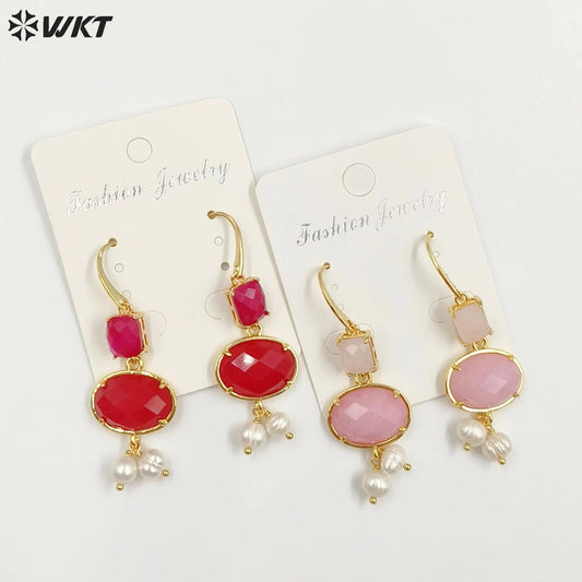 WT-MPE110 Bohemia Elegant Natural Pearl and Stone 18k Gold Plated Gift for Women Weeding 58mm Romantic Pendant Earrings