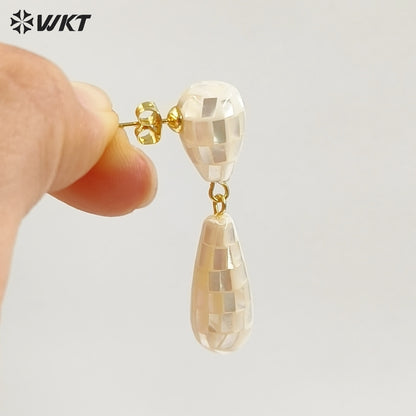WT-MPE191 Gorgeous Trendy Natural White And Abalone Shell Waterdrop Shape Gold Earrings For Women Vintage Style Jewelry