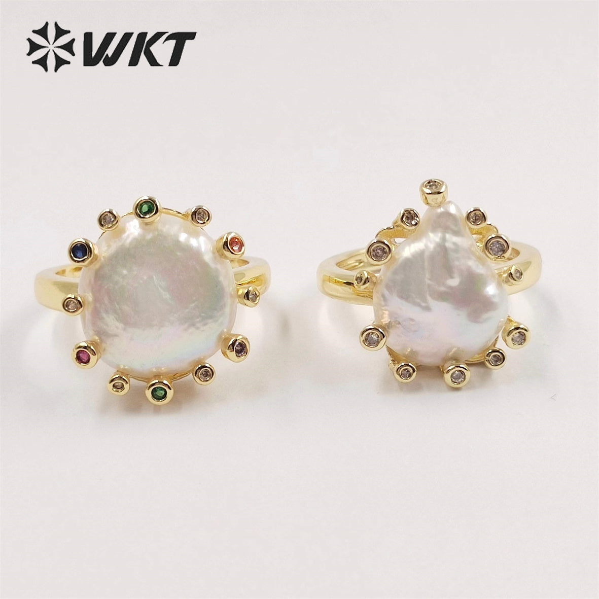 WT-MPR050 Elegant Fashion Gold Cubic Zircon Round Coin Freshwater Pearl Ring INS Hot White Gorgeous Women Anneversarry Ring