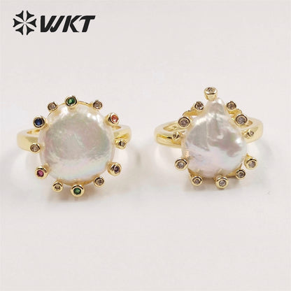 WT-MPR050 Elegant Fashion Gold Cubic Zircon Round Coin Freshwater Pearl Ring INS Hot White Gorgeous Women Anneversarry Ring