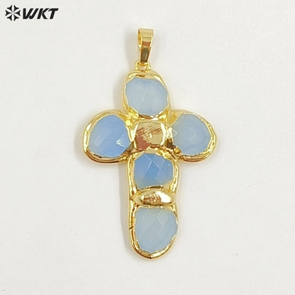 WT-P2027 Amazing Back Full Gold Plated Amazonite Multi Colors Natural Gemstones Cross Shape Pendants For Popular Necklace DIY