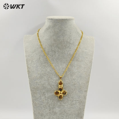 WT-N1495 Newest Wonderful Amazonite Natural Gemstone Back Full Gold Plated Cross Shape Pendant Necklace Fashion Jewelry