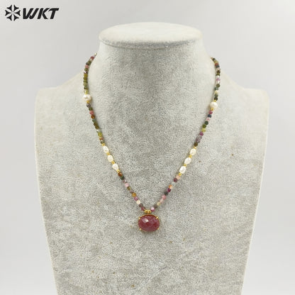WT-N1445 WKT Best 2023 Newest Natural Gemstone and Pearl Women Simple Hoop Aura 16+2inch Stone Beads Necklace