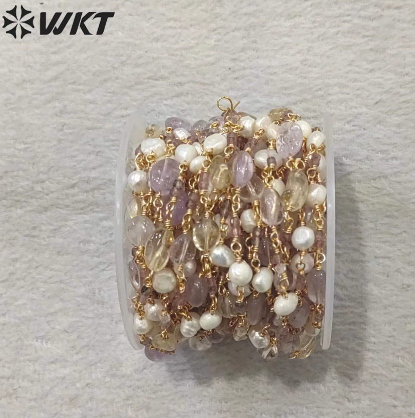 WT-RBC224 Wholesale Latest Style Nugget Stone & Pearl Retro Gold Plated Sell by Meter Handmade Metal Chain