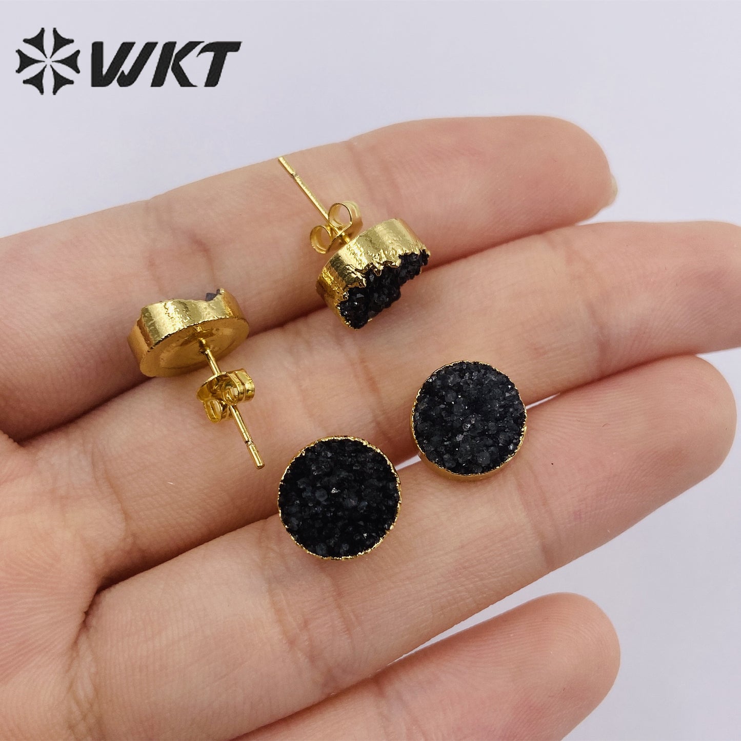 WT-E155 Wholesale Fashion 18k Real Gold Plated Natural Stone Studs Earrings Fashion Women Gold Trim Round Druzy Quartz Studs