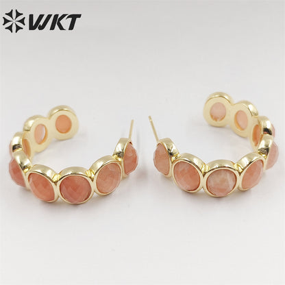 WT-E707 Amazing Fashion Women Natural Gemstone Setting Letter C Crescent Horn Earrings Lady Anniversary Earrings