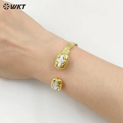 MPB106 Amazing Christian Religious Double Cross Freshwater Pearl Set 18K Gold Plated Metal Bangle in Adjustable