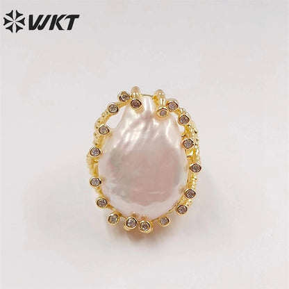 WT-MPR048 Newest Europe Hot Style Gorgeous Freshwater Pearl Ring Irregular White Pearl Women Ring for Wedding Anneversary Ring