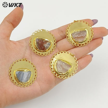 WT-P2082 Newest Design Gold Electroplated Metal And Natural Mexico Agate Stone Pendants For Handmade Necklace DIY Findings