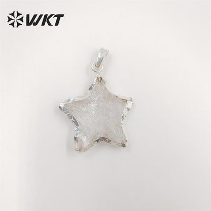 WT-P1326 WKT Wholesale Transparent Raw Crystal Quartz Charm 24k Genuine Gold Plated Pendant Star Shape Women