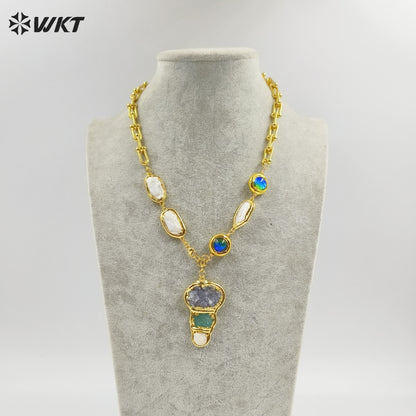 WT-JN257 WKT New Exclusive Design 19 Inch Long Handmade Chain Assemble With Beads Pearl Druzy Agate Pendant Women Necklace