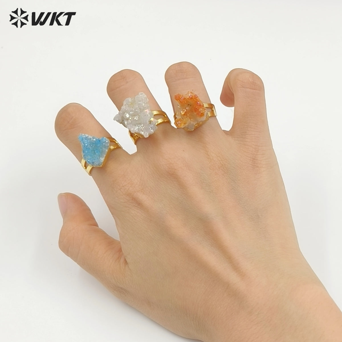 WT-R244 Exclusive Newest Aqua Aura Ring 18k Adjustable Natural Healing Crystal Quartz Cluster Aura Ring Fashion Women Stone Ring