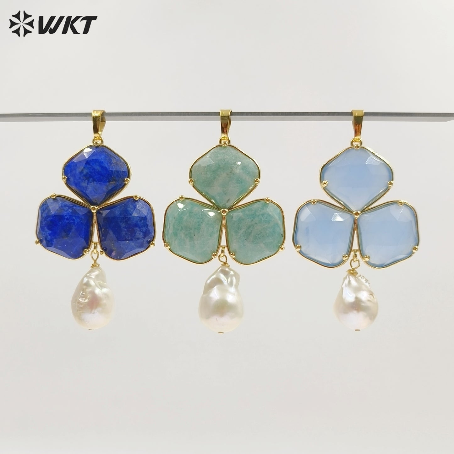 WT-JP506 Newest Wonderful 18K Gold Plated Three Natural Gemstones And Pearl Pendant For Female Earrings Jewelry Making