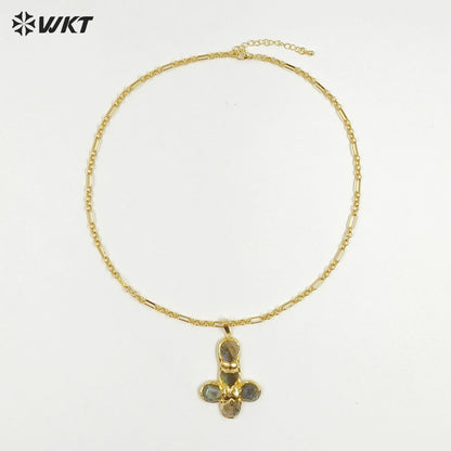 WT-N1495 Newest Wonderful Amazonite Natural Gemstone Back Full Gold Plated Cross Shape Pendant Necklace Fashion Jewelry