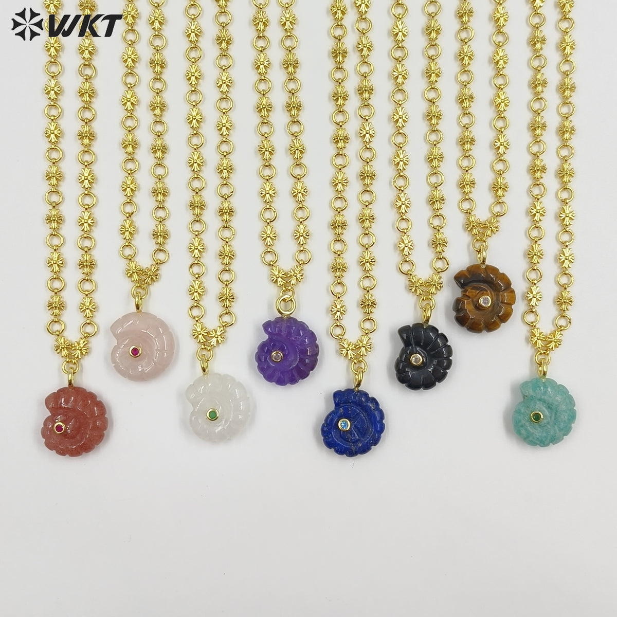 WT-N1507 Fashion Lovely Gold Plated Zircon And Natural Gemstones Carved Trumpet Pendant Necklaces As Women Birthday Gift Jewelry