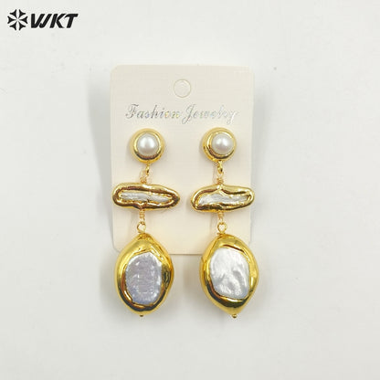 WT-MPE125 Wholesale Fashion 18k Gold Plated Resist Tarnishable Natural Freshwater Pearl Long Drop Dangle Earrings