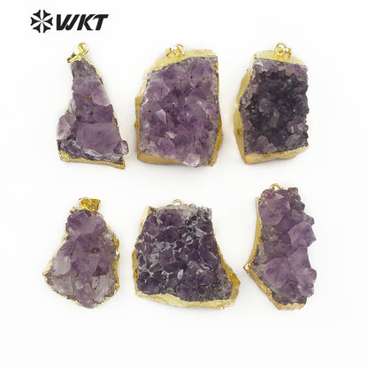 WT-P1438 Raw Quartz With Gold Bezel Amethyst Pendant Jewelry for Women Necklace Making Natural Uraguay Purple Crystal Pendant