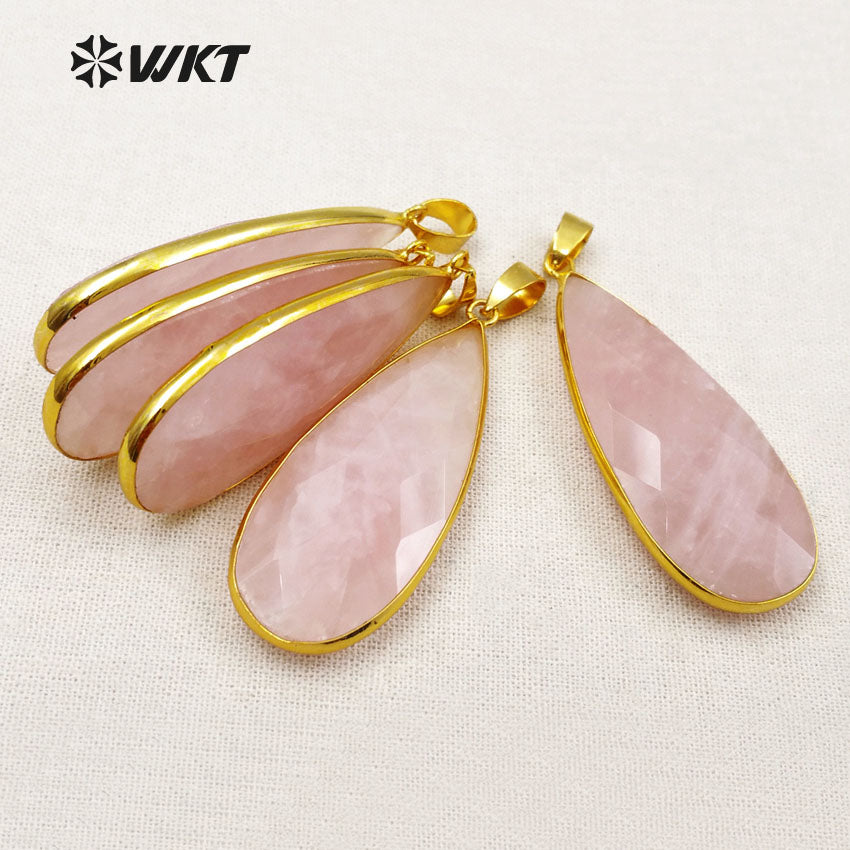 WT-P1348 Amazing Gold Bezel Faceted Natural Rose Quartz Teardrop Pendant, Women Hand Cabochon Faceted pink Teardrop Pendants