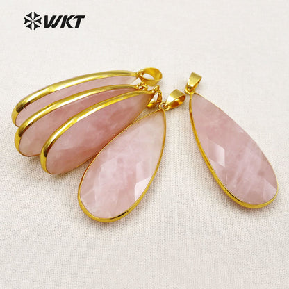 WT-P1348 Amazing Gold Bezel Faceted Natural Rose Quartz Teardrop Pendant, Women Hand Cabochon Faceted pink Teardrop Pendants
