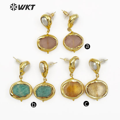 WT-E481 New Design of Female Elegant Freshwater Pearl Stone Jewelry Earrings Rose Quartz/Amazonite/Yellow Citrine Drop Earrings