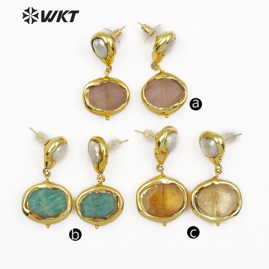 WT-E481 New Design of Female Elegant Freshwater Pearl Stone Jewelry Earrings Rose Quartz/Amazonite/Yellow Citrine Drop Earrings