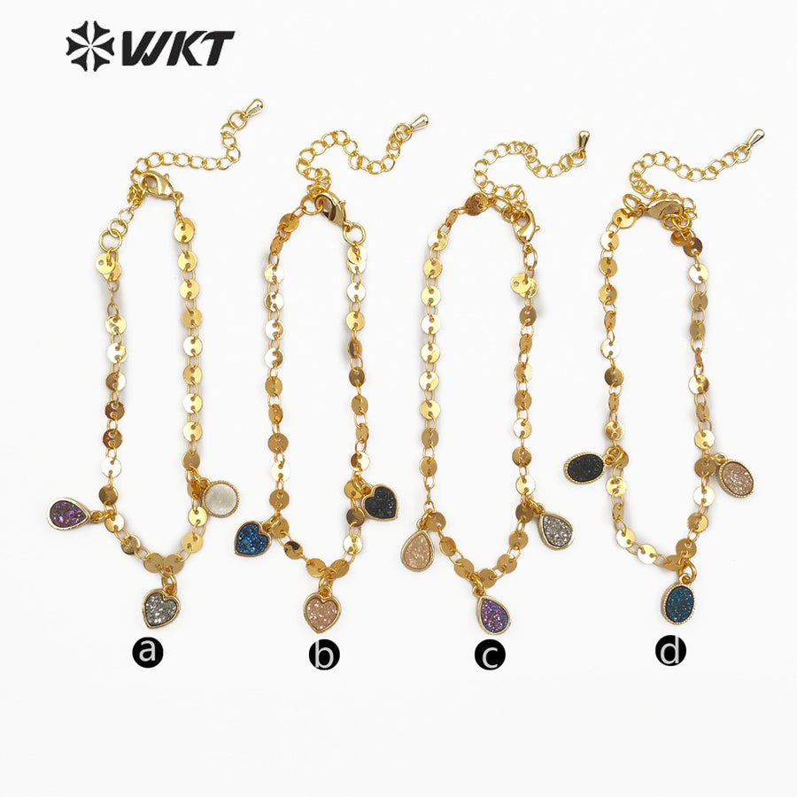 WT-B445 Vogue Jewelry in Heart, Tear Drop, Round, Oval Shape Pendant Women Dainty Natural Druzy Quartz Stone Bracelet