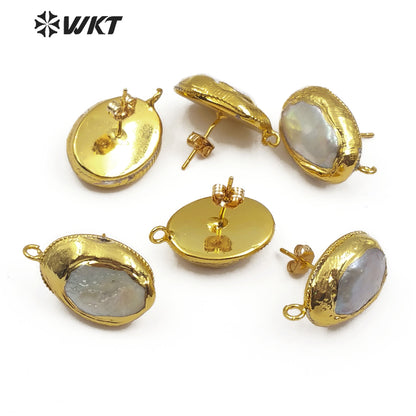 WT-JF303 Jewelry Findings for Women Making 10*12MM Jewelry Oval Shape Natural Freshwater Pearl With Gold Trim Stud Earring