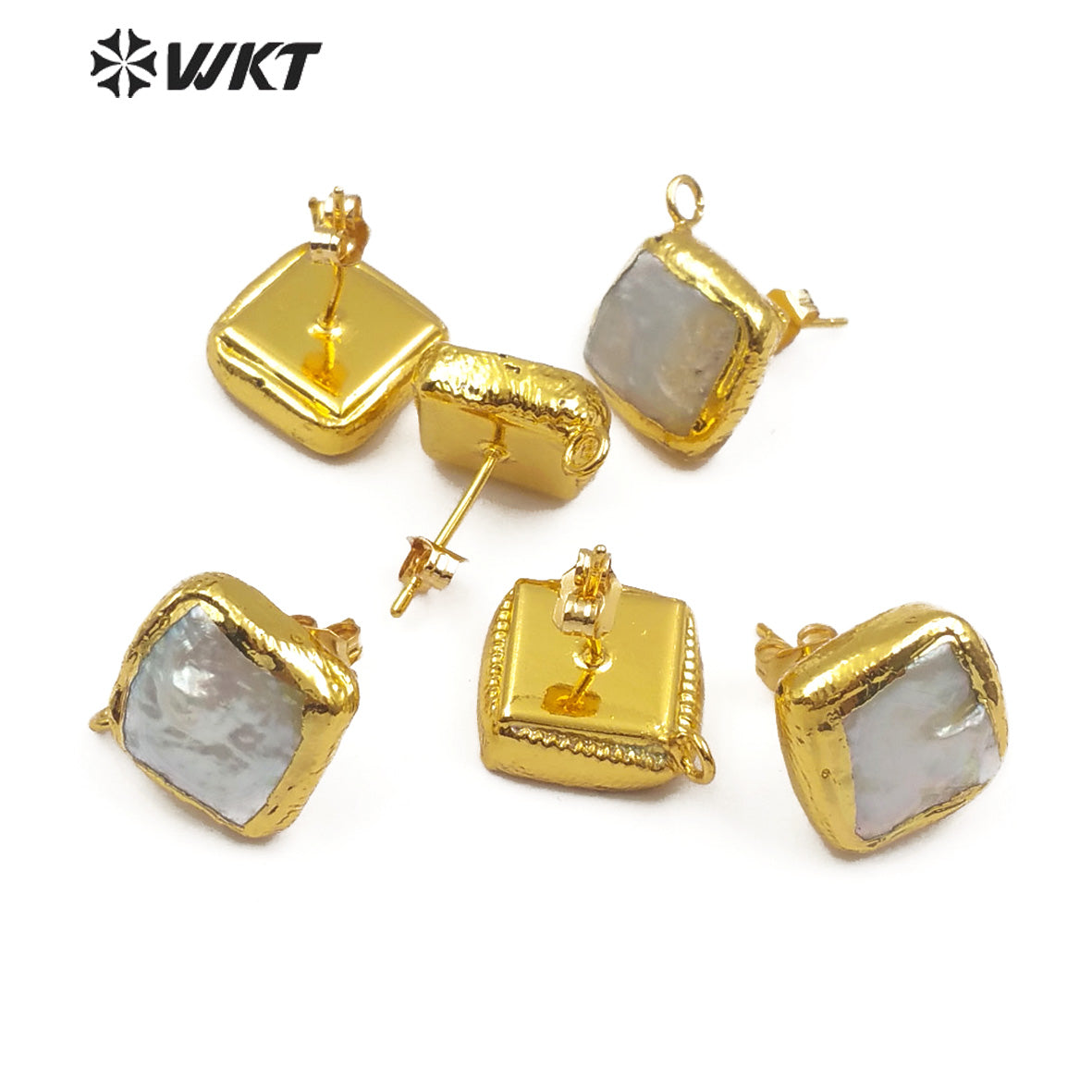 WT-JF302 Jewelry Findings for Women DIY Freshwater Pearl in Square Shape Gold Framed 10MM Natural Pearl Stud Earring