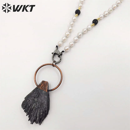 WT-N1415 Wholesale Newest Vintage Style Antique Copper Black Kyanite with Pearl Chain Necklace Pearl Beads Necklace