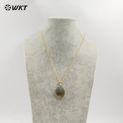 WT-N1453 Amazing Flashy Double Faceted Carving Natural Labradorite Stone Necklace With 18 Inch Chain Pendant Necklace