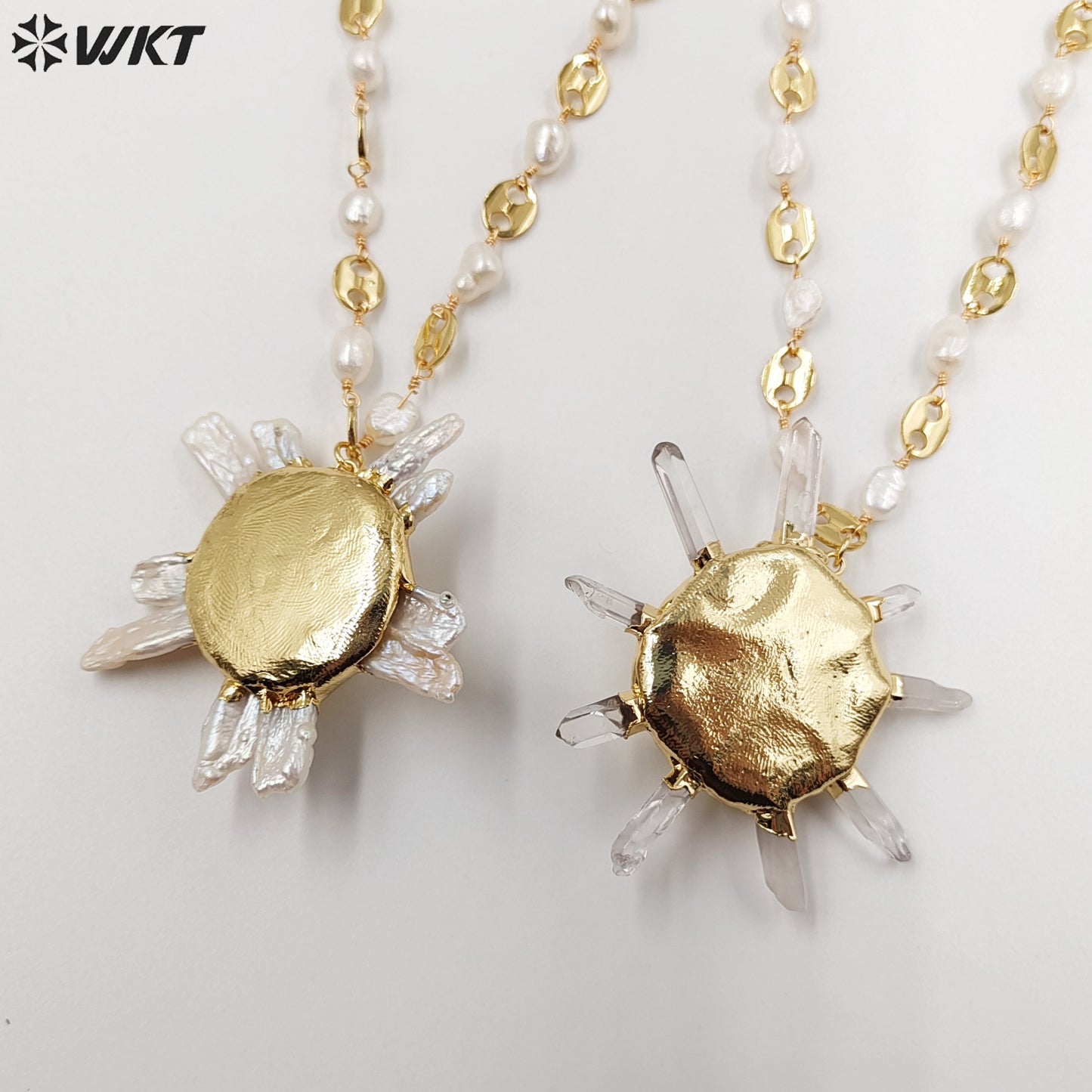 WT-JN248 Wholesale Punk Style  Crystal Quartz/Freshwater Pearl  18 inch Gift For Women   Sun Shaped Gemstone Necklace