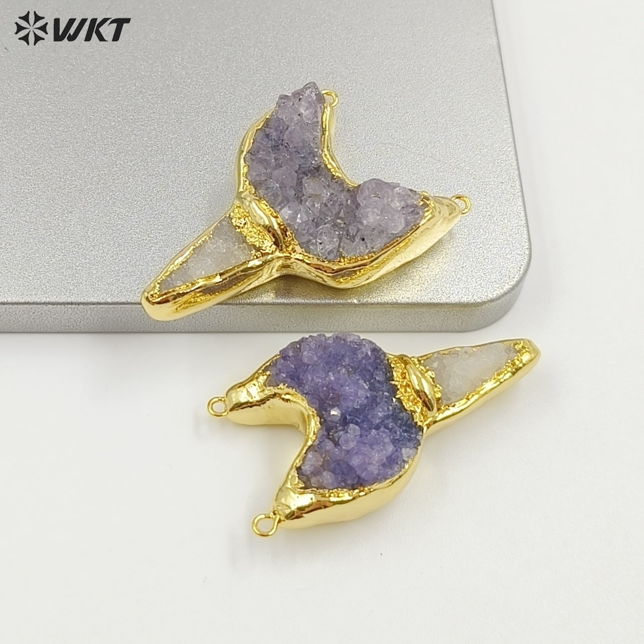 WT-P2062 New Arrival Gold Electroplated Natural Amethyst And Quartz Pendant With Double Hoops For Vintage Style Necklace Making