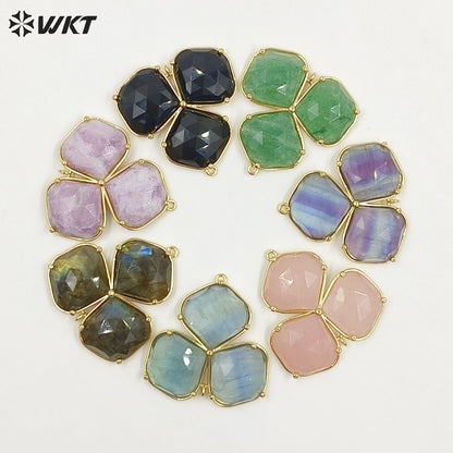 WT-P2129 Beautiful Gold Electroplated Three Natural Gemstones Leaf Shape Pendants As Handmade Jewelry Decorative Findings