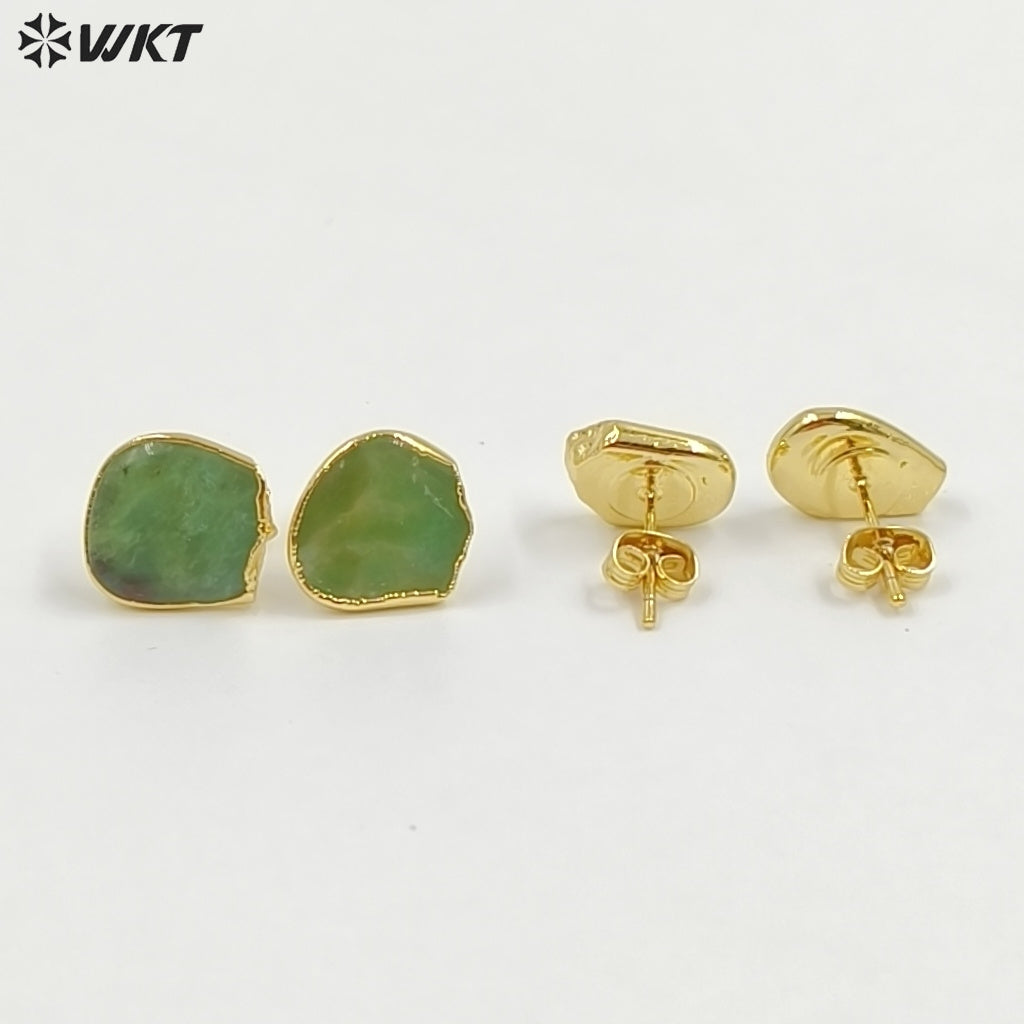 WT-E263 Wholesale Natural Precious Chrysoprase Jade Studs Earrings, 24K Gold Plated Australia Chrysoprase Studs Earrings